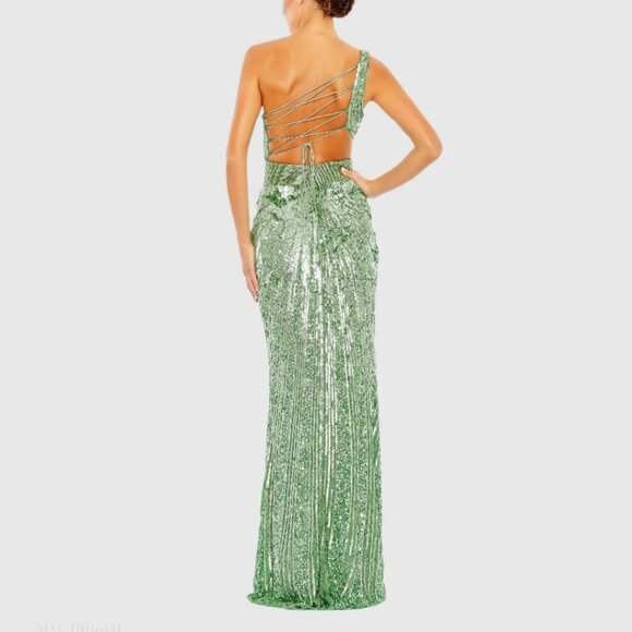 Mac Duggal 5687 Size 16 Sage Green One Shoulder Corset Back Long Maxi Gown Dress - Picture 6 of 7